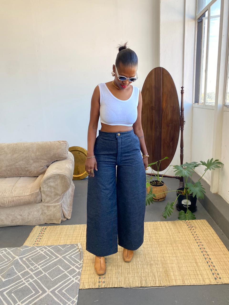 DARK DENIM HIGH WAIST AND WIDE LEG PANTS