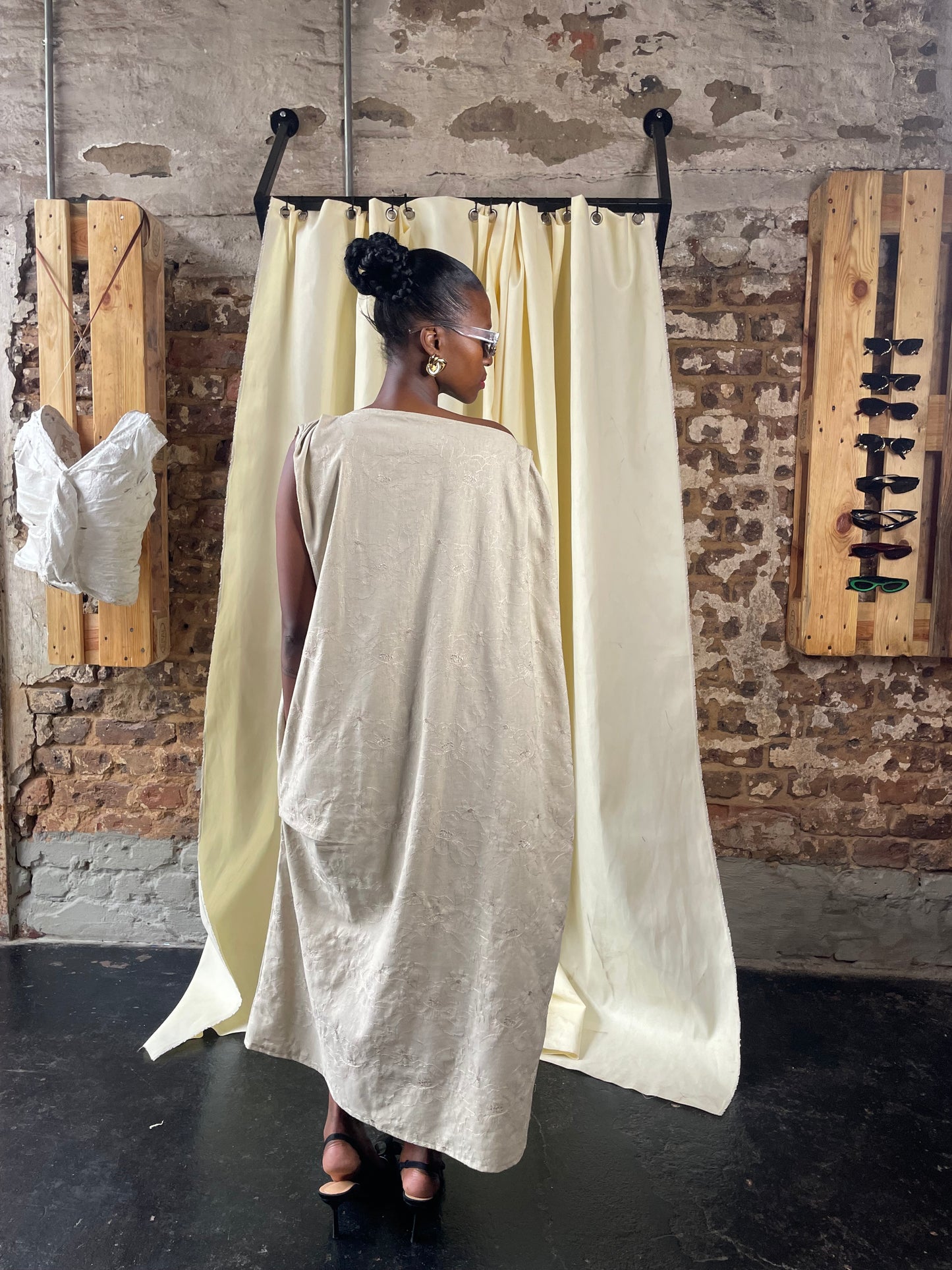 Cream linen long off shoulder dress