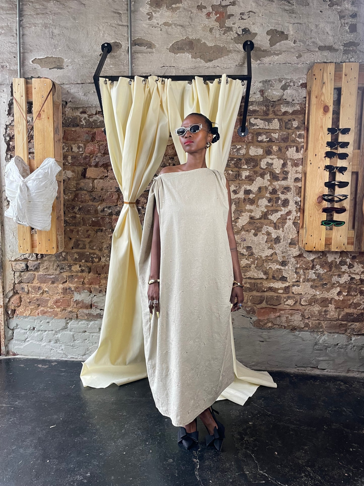 Cream linen long off shoulder dress