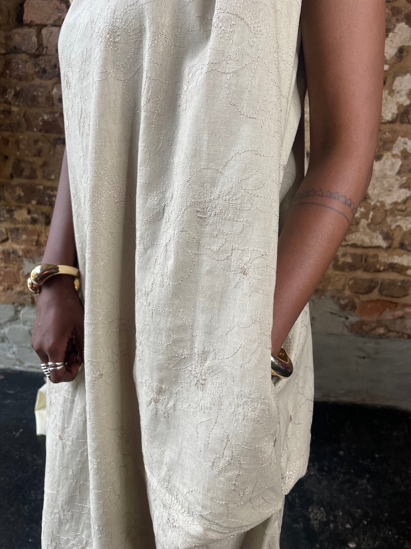 Cream linen long off shoulder dress