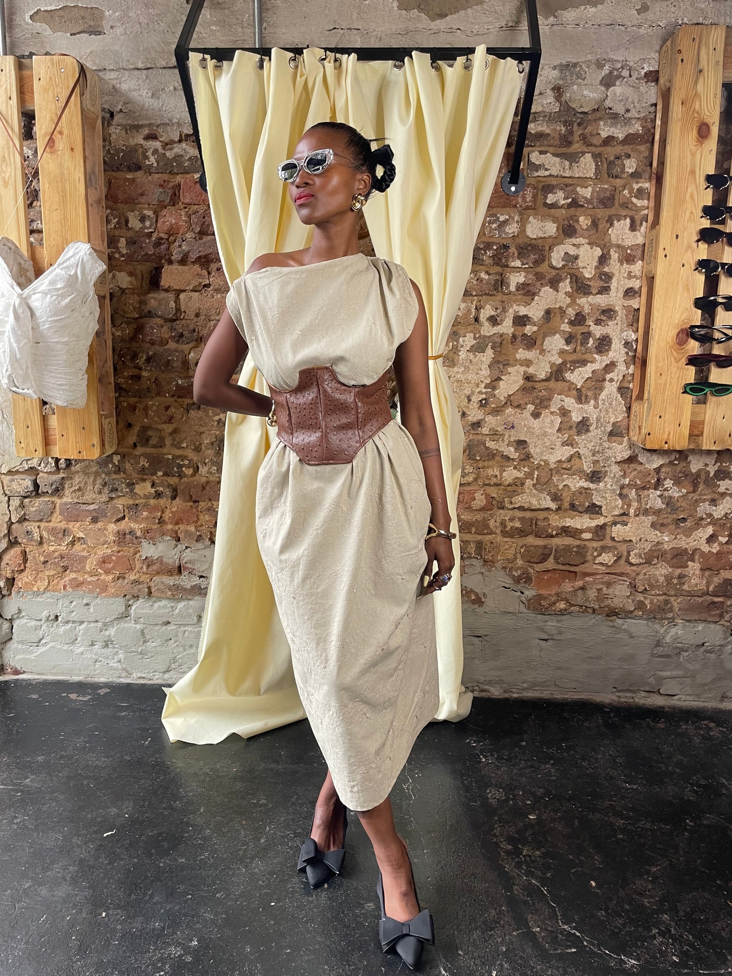 Cream linen long off shoulder dress