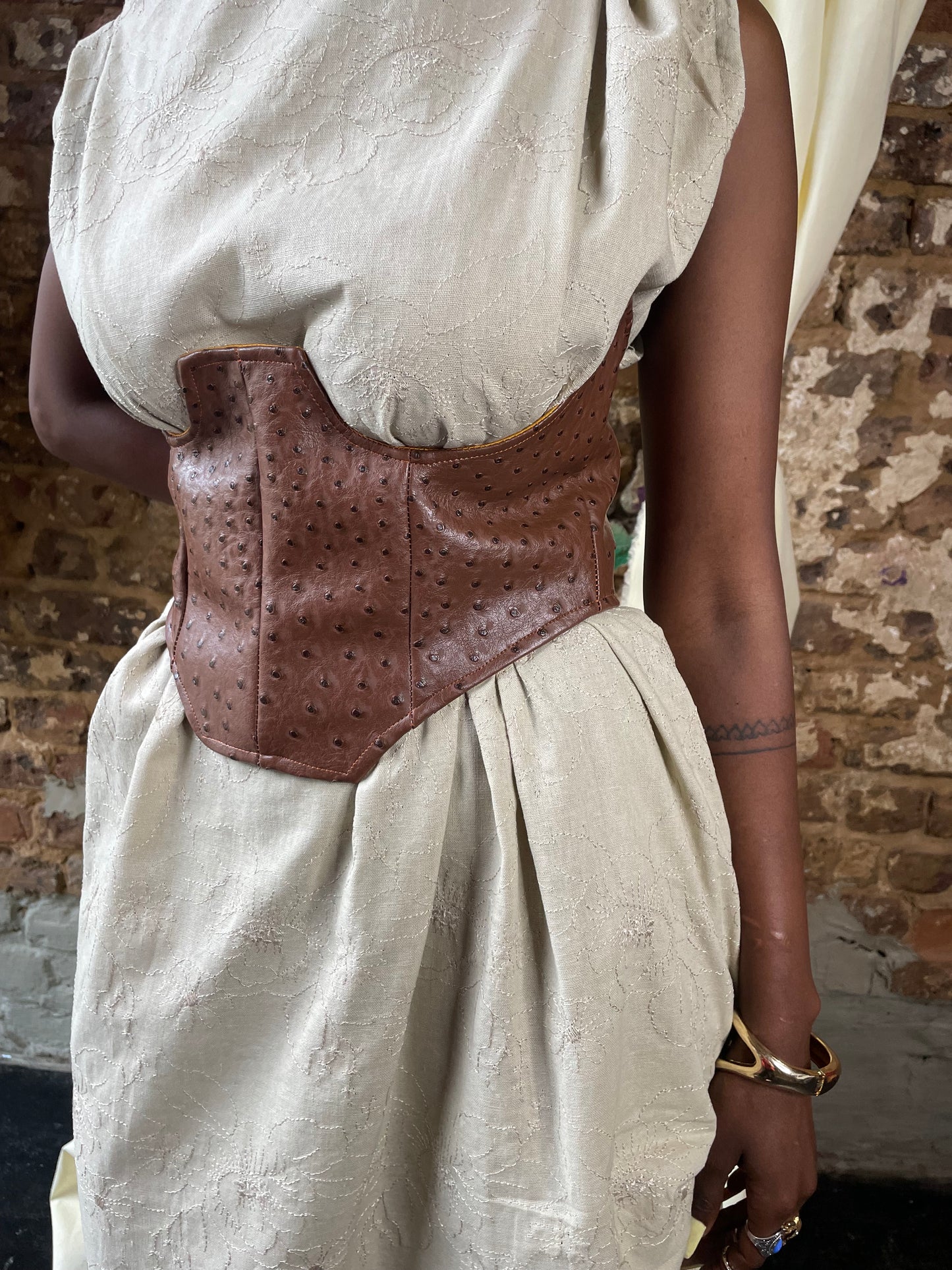 Cream linen long off shoulder dress